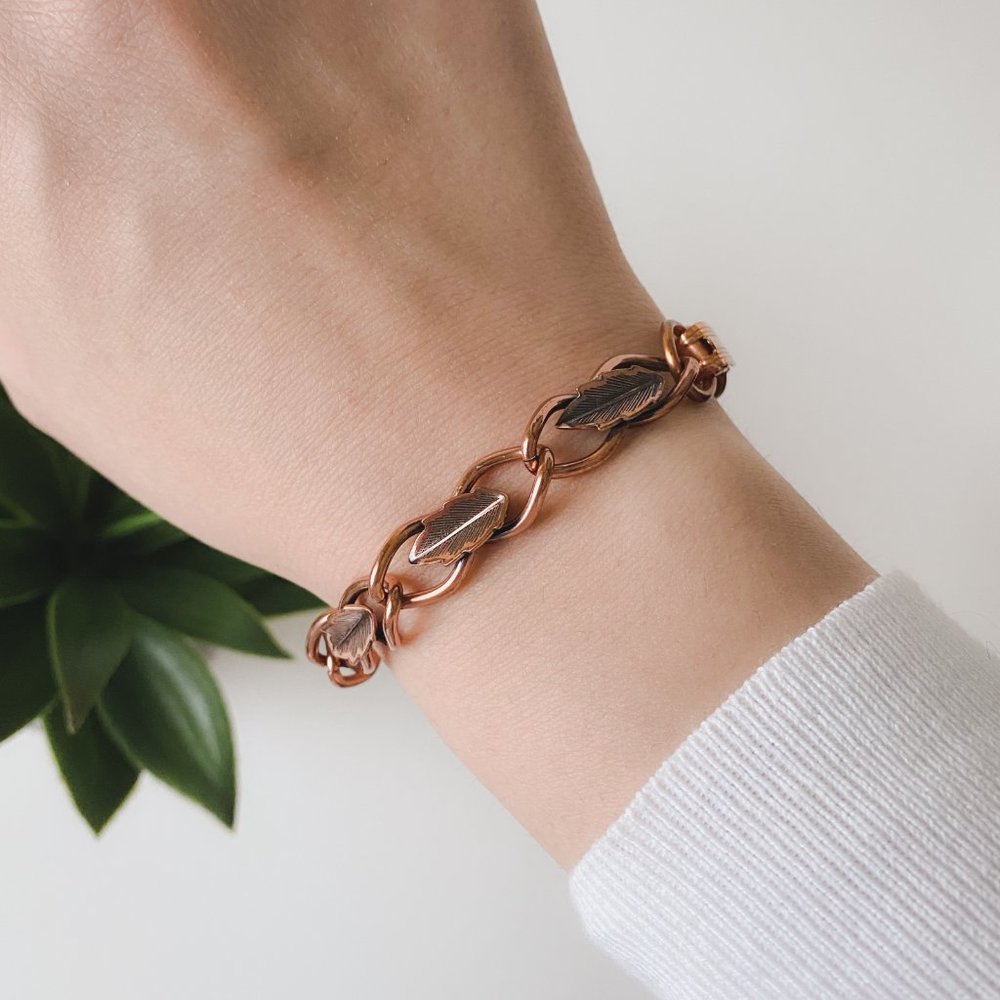 Vintage Copper Leaf Feather Southwest Native Style Boho Chain Link Bracelet